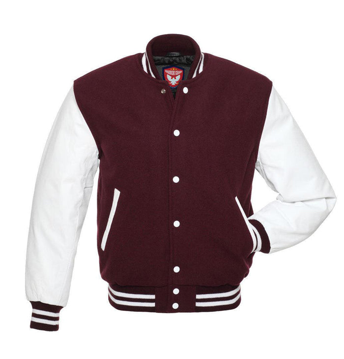 Ashton Men’s Maroon and White Leather Sleeves Wool Varsity Jacket