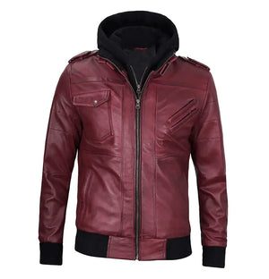 Rogue Men’s Maroon Leather Bomber Jacket with Hood