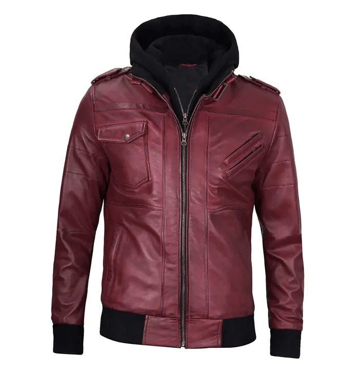 Rogue Men’s Maroon Leather Bomber Jacket with Hood