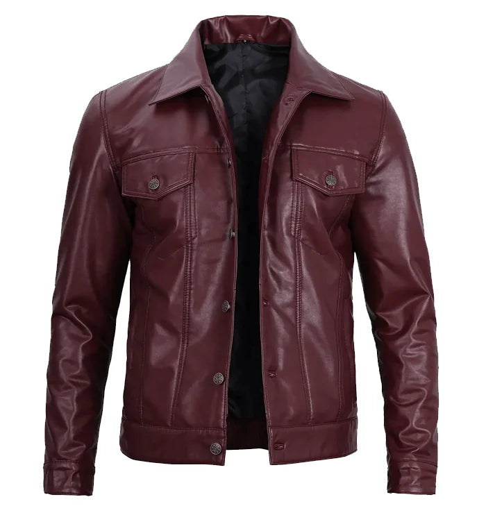 Havoc Men’s Trucker Maroon Leather Jacket