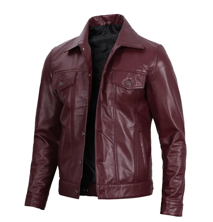 Havoc Men’s Trucker Maroon Leather Jacket