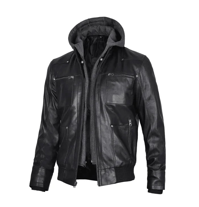 Nomad Men’s Black Leather Jacket with Hoodie