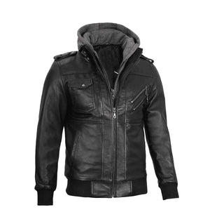 Phantom Men’s Black Leather Bomber Jacket with Hood