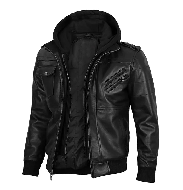 Maverick Men’s Black Hooded Leather Jacket