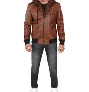 Ranger Men’s Brown Hooded Leather Bomber Jacket