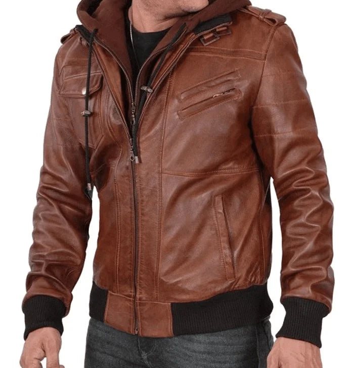 Ranger Men’s Brown Hooded Leather Bomber Jacket