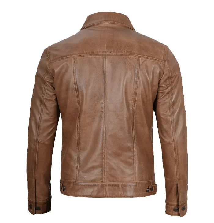 Crusader Men’s Brown Leather Trucker Jacket