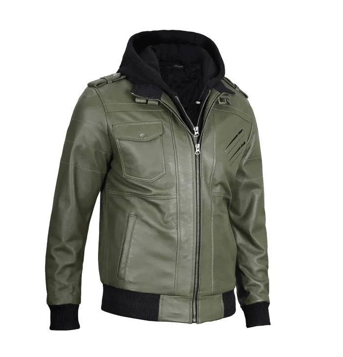 Titan Men’s Green Bomber Leather Jacket with Hood