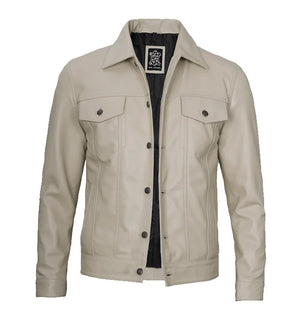 Stallion Men’s Beige Leather Trucker Jacket