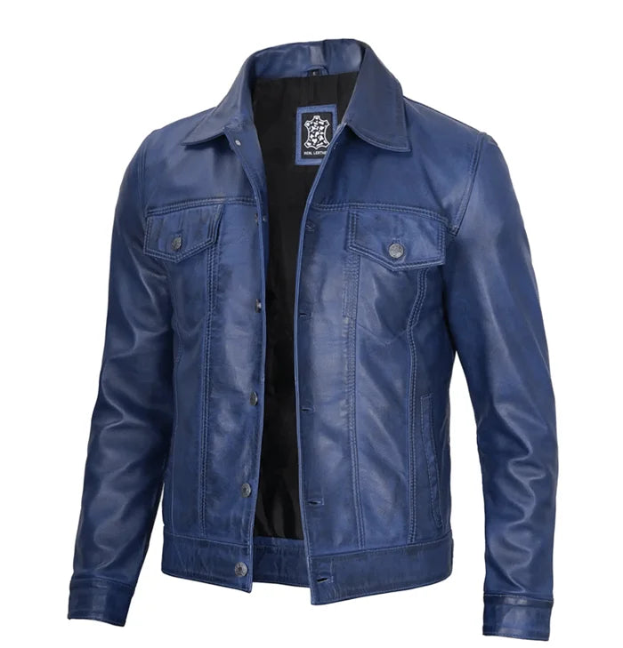 Winston Men’s Blue Leather Trucker Jacket