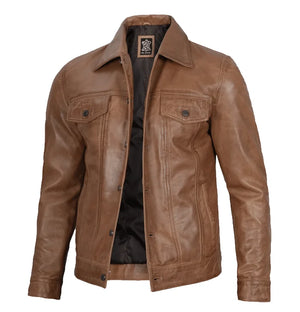 Crusader Men’s Brown Leather Trucker Jacket