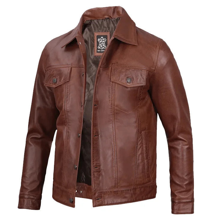 Legion Men’s Cognac Trucker Leather Jacket