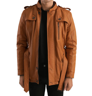 Graham Men’s Vintage Belted Tan Leather Jacket with Fur