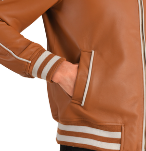 Edward Tan Brown Leather Baseball Jacket Mens