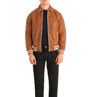 Edward Tan Brown Leather Baseball Jacket Mens