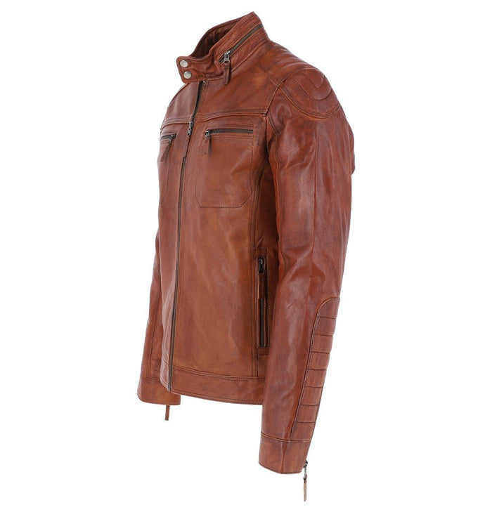 Leonard Men’s Tan Real Leather Biker Jacket