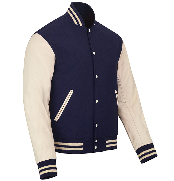 Jackson Mens Navy Blue and Beige Wool Varsity Jacket