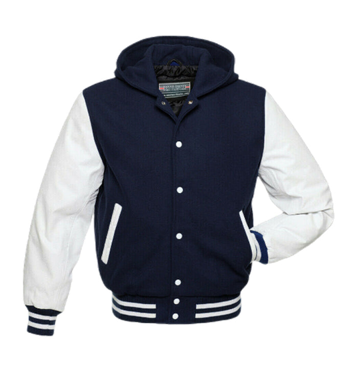 Harrison Mens Navy Blue and White Hooded Wool Varsity Jacket