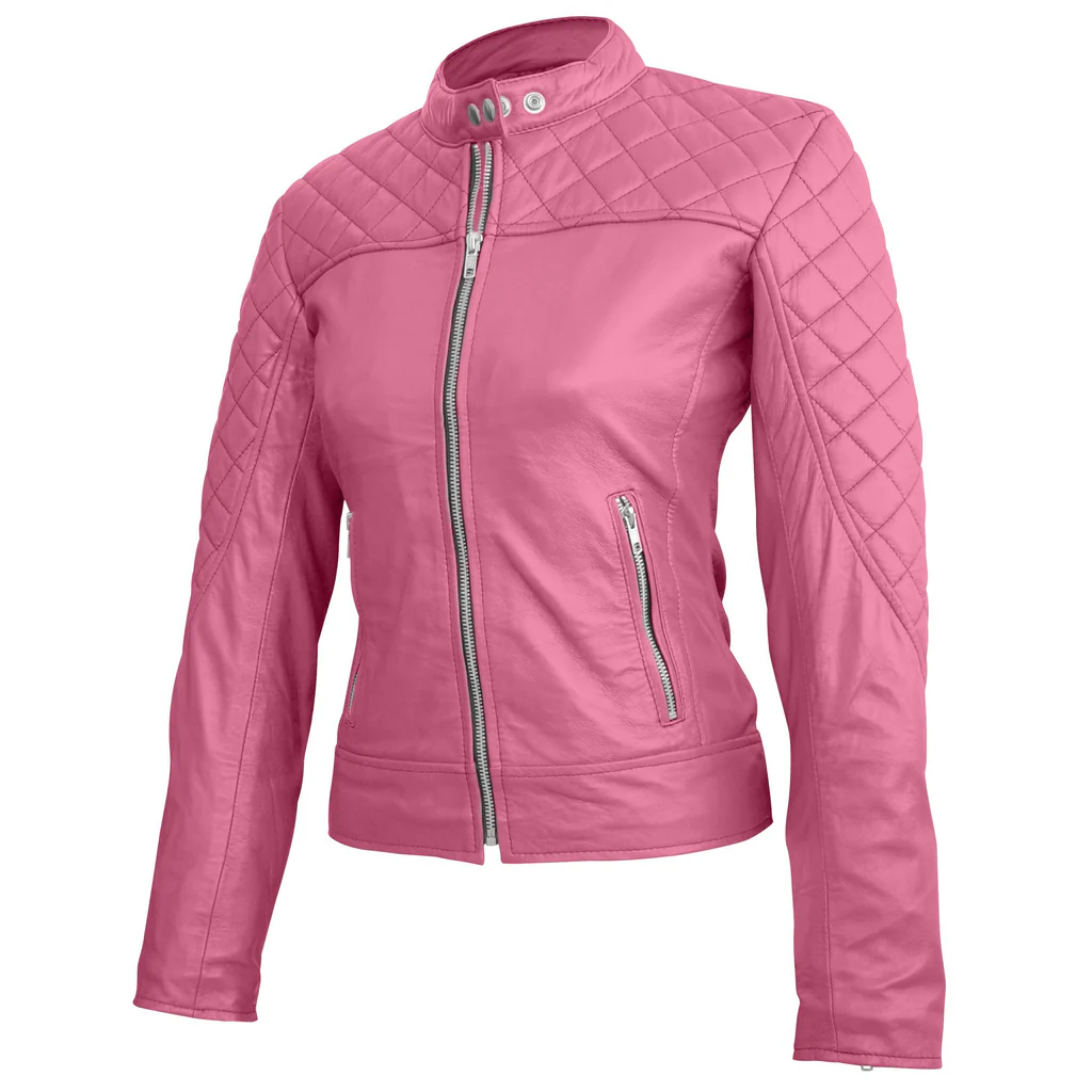 Candy Quilted Leather Pink Motorcycle Jacket for Women