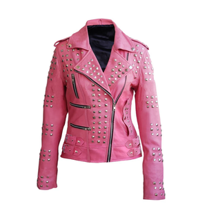 Mirage Studded Womens Pink Leather Motorcycle Jacket