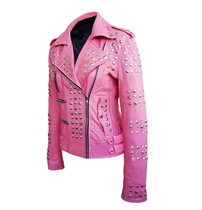 Mirage Studded Womens Pink Leather Motorcycle Jacket