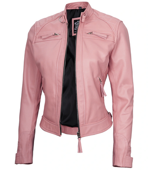 Blossom Women’s Pink Quilted Café Racer Leather Jacket