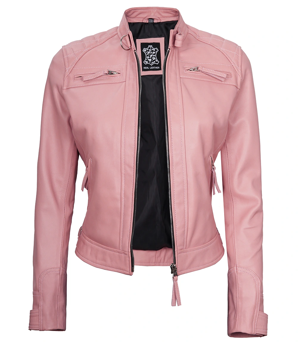 Blossom Women’s Pink Quilted Café Racer Leather Jacket