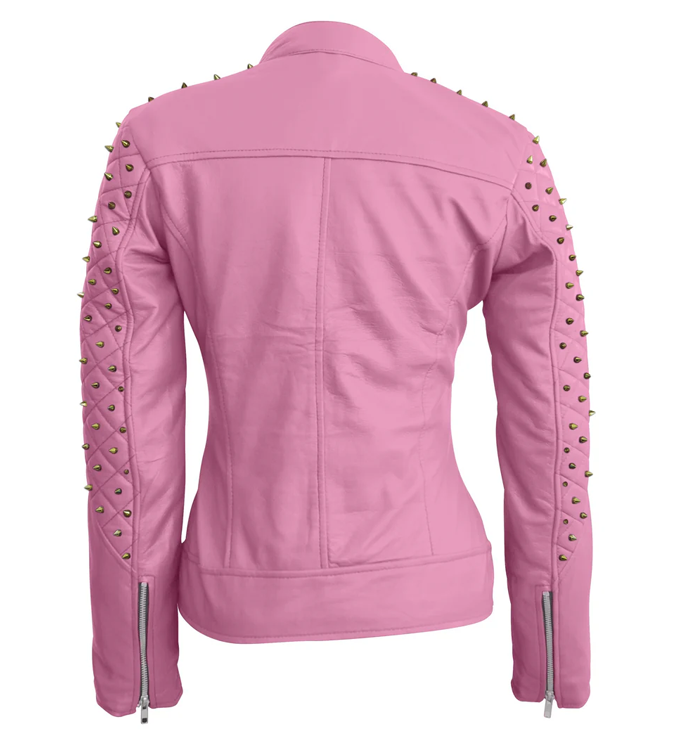 Rebellious Barbie Women Spike Studs Pink Biker Leather Jacket