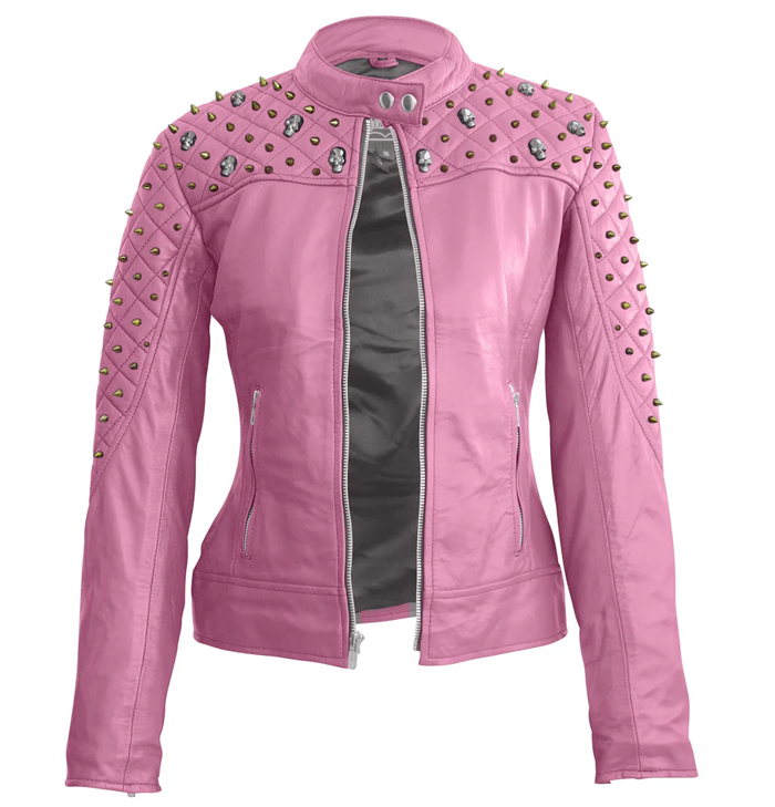 Rebellious Barbie Women Spike Studs Pink Biker Leather Jacket