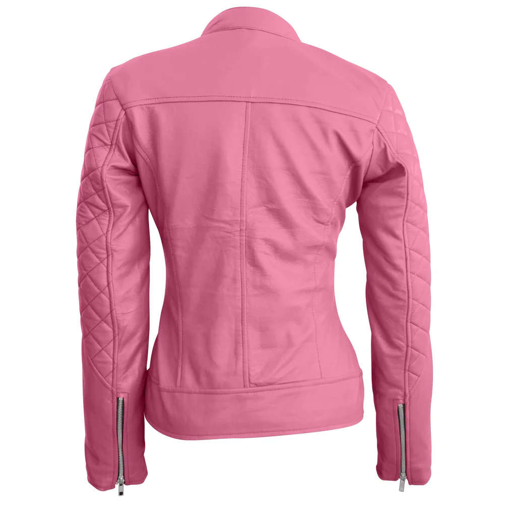 Candy Quilted Leather Pink Motorcycle Jacket for Women