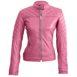 Candy Quilted Leather Pink Motorcycle Jacket for Women