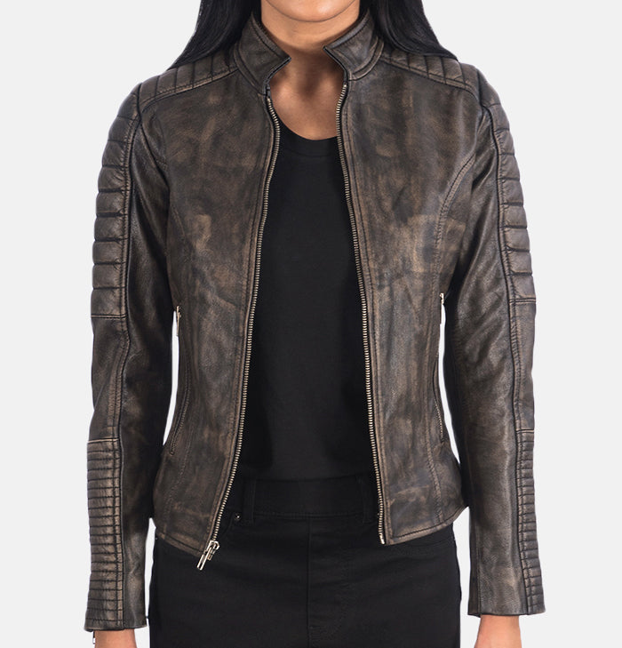 Cecilia Womens Brown Quilted Distressed Leather Café Racer Jacket