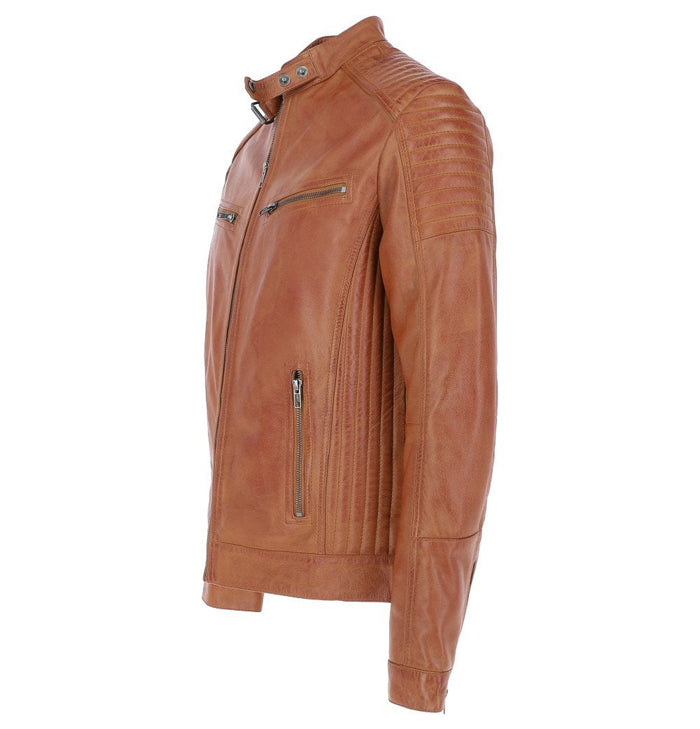 Benjamin Men’s Quilted Tan Leather Café Racer Jacket