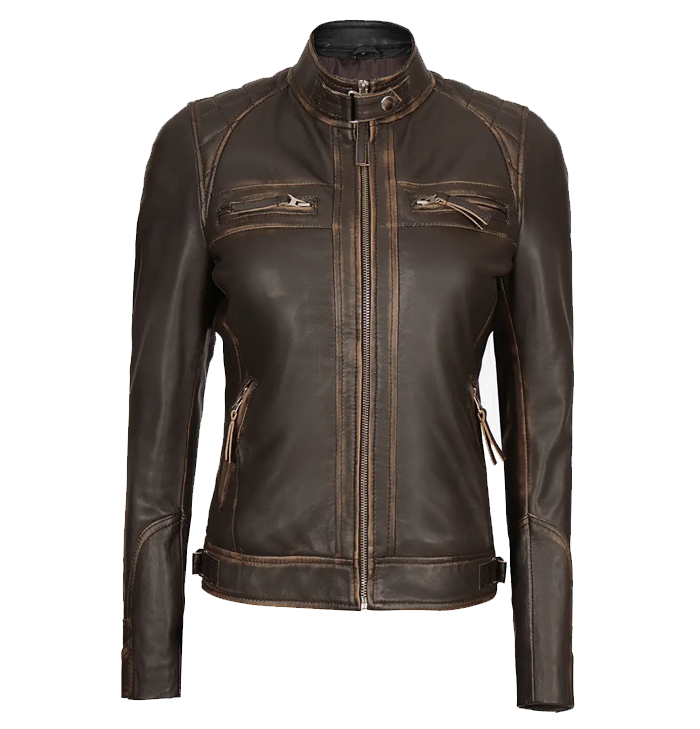 Vivienne Women’s Quilted Shoulder Dark Brown Distressed Leather Café Racer Jacket
