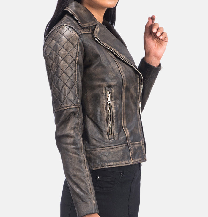 Victoria Womens Distressed Brown Quilted Biker Jacket
