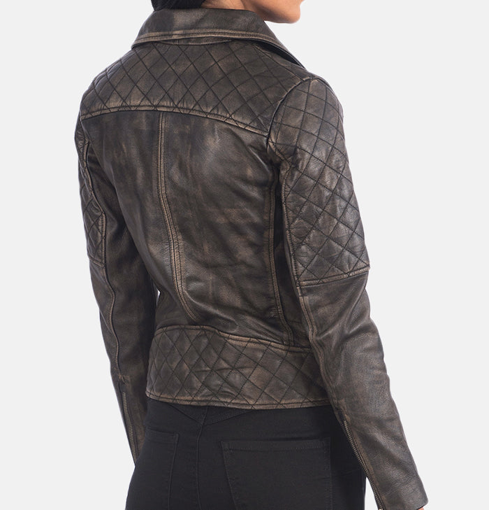 Victoria Womens Distressed Brown Quilted Biker Jacket