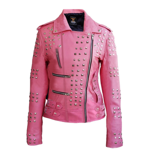 Mirage Studded Womens Pink Leather Motorcycle Jacket