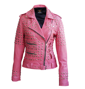 Mirage Studded Womens Pink Leather Motorcycle Jacket