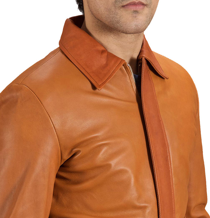 Miles Tan Brown Leather Bomber Jacket for Men