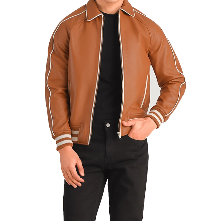 Edward Tan Brown Leather Baseball Jacket Mens