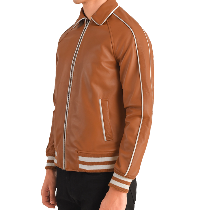 Edward Tan Brown Leather Baseball Jacket Mens