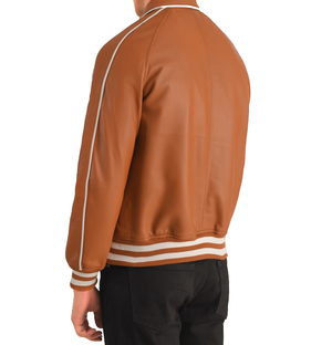 Edward Tan Brown Leather Baseball Jacket Mens