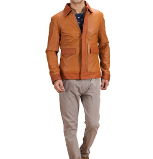 Miles Tan Brown Leather Bomber Jacket for Men