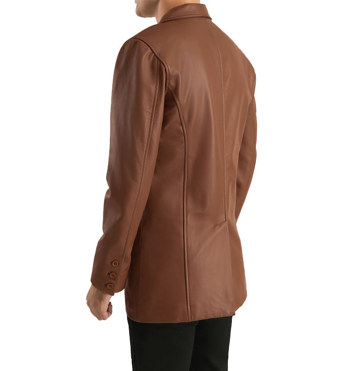 Chester Tan Brown Three Button Leather Blazer Mens