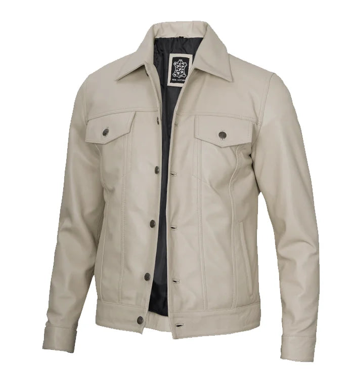 Stallion Men’s Beige Leather Trucker Jacket