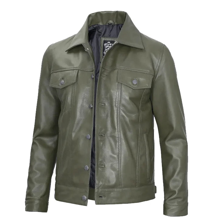 Raider Green Trucker Leather Jacket for Men