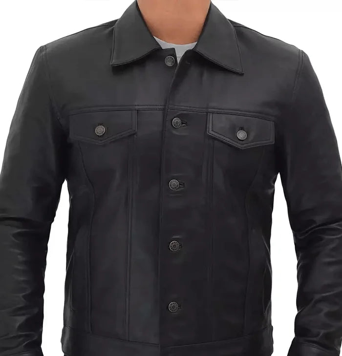 Legend Black Leather Trucker Jacket for Men