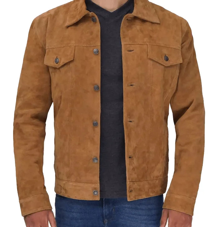 Griffin Men’s Camel Brown Suede Trucker Jacket