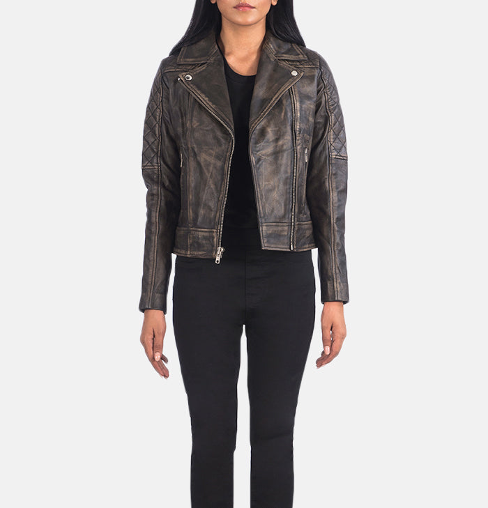 Victoria Womens Distressed Brown Quilted Biker Jacket