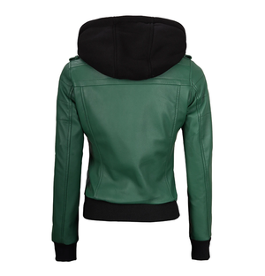 Hazel Women’s Hooded Green Leather Jacket